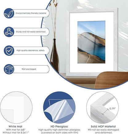 PEALSN 8x10 Picture Frame Set of 6, Display Pictures 5x7 with Mat or 8x10 without Mat for Wall Mounting or Table Top Display, Photo Frames Collage for Wall Decor, Silver.