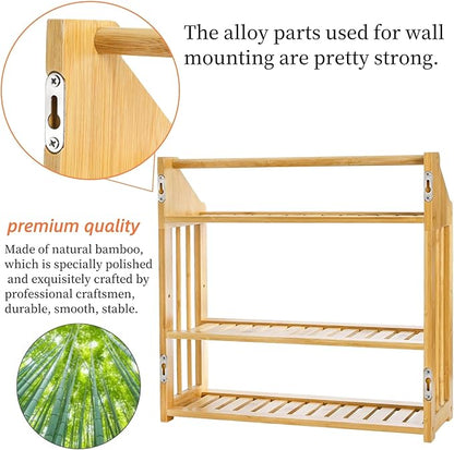 Goaste Bamboo Over The Toilet Storage Shelf, 3-Tier Wall Mounted Bamboo Rack Organizer, Floating Rack with Hanging Rod, Free Standing Shower Shelf with Adjustable Layer for Kitchen, Bathroom, Home