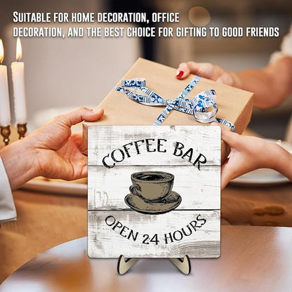 Coffee Bar Sign Plaque, Vintage Farmhouse Coffee Station Decor – 24 Hours Open Bar Plaque for Cafe, Home or Office, Rustic Kitchen Wall Art, CoffeeShop Accessories