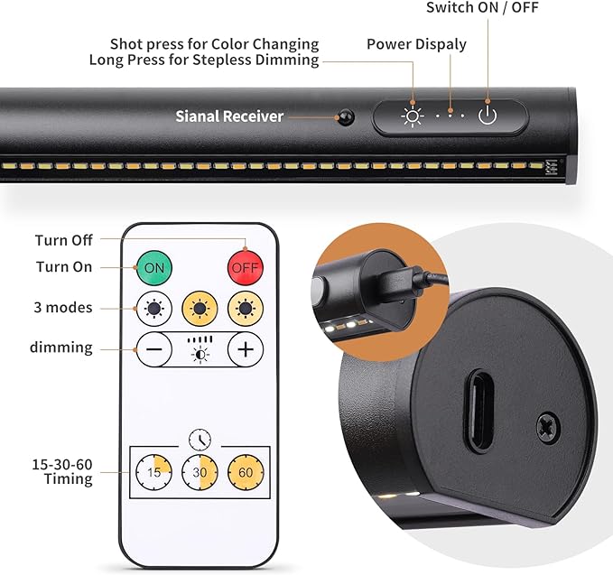 Battery Operated Wireless Picture Light，Rechargeable/Plugged in 31.5inch Painting Display Light,Remote Control Wall Lights with Three Modes and Timing for Art Frame (Black)