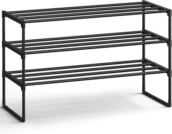 SONGMICS Shoe Rack, 3-Tier Shoe Organizer, Metal Storage Shelf, Upright or Upside Down, for 16-20 Pairs, Stackable, for Entryway, 11.8 x 36.2 x 21.7 Inches, Black ULSA303B02