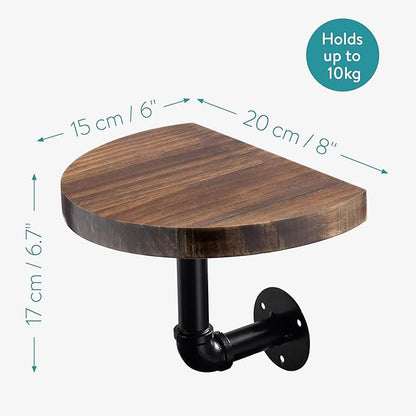 Navaris Industrial Pipe Shelf Set - 3 Small Rounded Wood Shelves with Shelf Brackets - 7.9" x 5.9" Wall-Mounted Wooden Shelving - Size S, Dark Brown
