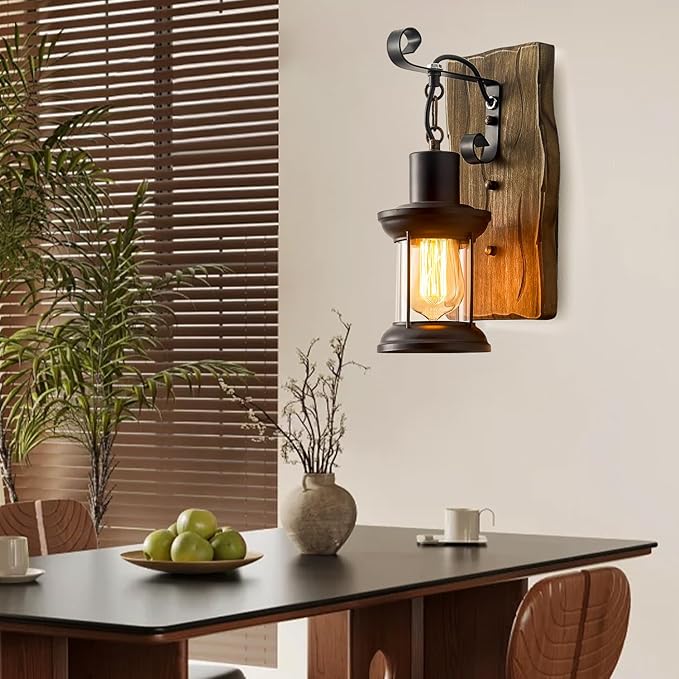 Rustic Industrial Wall Sconces, Black Metal Lantern with Wood Backplate, Farmhouse Indoor Light Fixture for Dining Room, Hallway, Porch