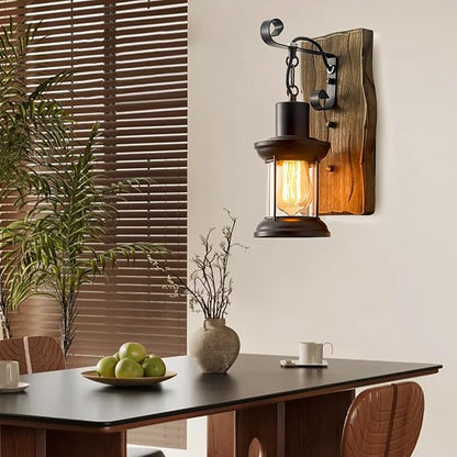 Rustic Industrial Wall Sconces, Black Metal Lantern with Wood Backplate, Farmhouse Indoor Light Fixture for Dining Room, Hallway, Porch
