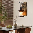 Rustic Industrial Wall Sconces, Black Metal Lantern with Wood Backplate, Farmhouse Indoor Light Fixture for Dining Room, Hallway, Porch