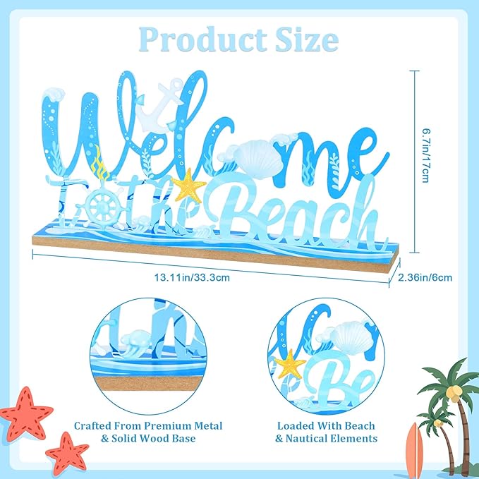MEETYAMOR Coastal Beach Decor, Wood Metal Welcome to the Beach Sign for Table Decor, Farmhouse Rustic Nautical Ocean Decorations for Home, Living Room, Mantel, Shelf
