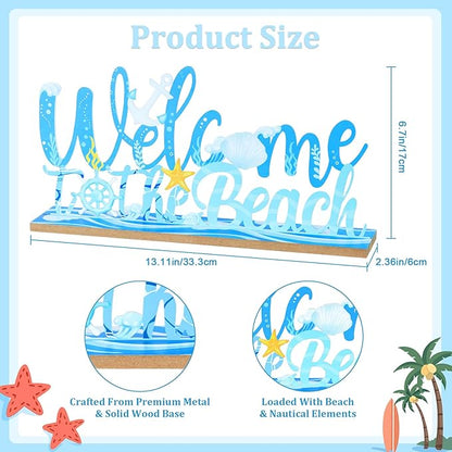 MEETYAMOR Coastal Beach Decor, Wood Metal Welcome to the Beach Sign for Table Decor, Farmhouse Rustic Nautical Ocean Decorations for Home, Living Room, Mantel, Shelf