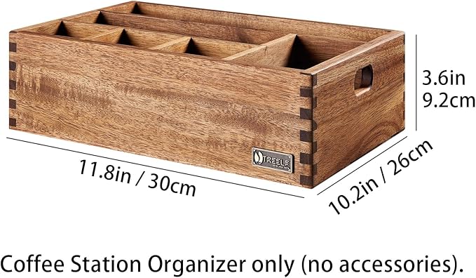 Acacia Wood Coffee Station Organizer for Countertop, Coffee Pods Holder & Condiment Storage Basket, 12-Inch Rustic Farmhouse Bar Decor for Tea Cups, Syrup, Stirrers, Accessories