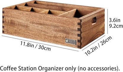 Acacia Wood Coffee Station Organizer for Countertop, Coffee Pods Holder & Condiment Storage Basket, 12-Inch Rustic Farmhouse Bar Decor for Tea Cups, Syrup, Stirrers, Accessories