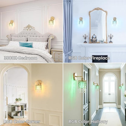 Set of 2 Crystal Battery Operated Wall Sconce,Rechargeable Wall Lamp with 5400mAh Battery & Remote Control, Modern Dimmable Wireless Wall Lights for Bedroom Bathroom (Green, Gold Base)