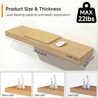 INHABIT UNION Oak Floating Shelves Set of 2，35.43in Wall Mounted Display Ledge Shelves for Bedroom, Bathroom, Living Room and Kitchen Decoration Storage