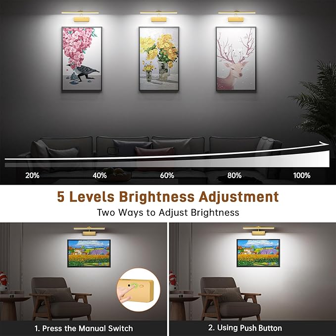 Picture Light, 15.35inch Picture Lights for Wall Rechargeable, Battery Wall Light Over Picture Frame, 3 Color Art Lighting for Paintings with Timer and Dimmable Artwork Display (Gold-2PCS)