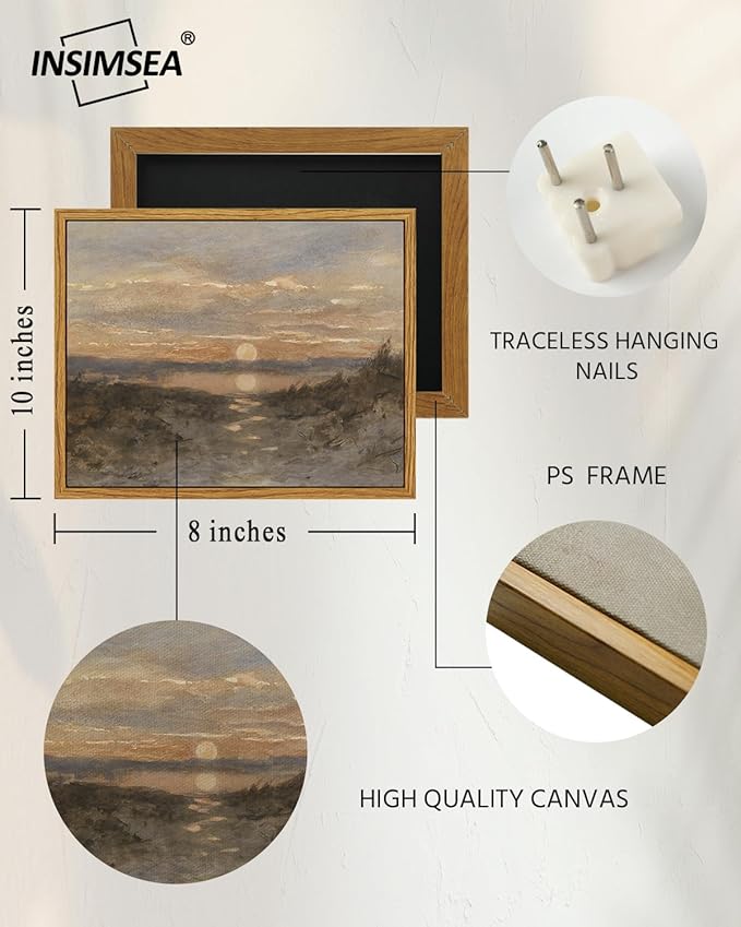 InSimSea Framed Canvas Print Art, Vintage Sunset lakeside Landscape Painting, Rustic Farmhouse Cottage Decor for Hallway Wall Floating Shelf Desk Vanity Fireplace,10x8 in, Earth Tones