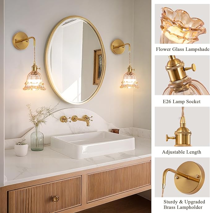 Battery Operated Wall Sconce Set of 2, Adjustable Chain Retro Gold Wall Mounted Light with RGB, Wireless Indoor Rechargeable Amber Wall Light for Living Room, Bedroom