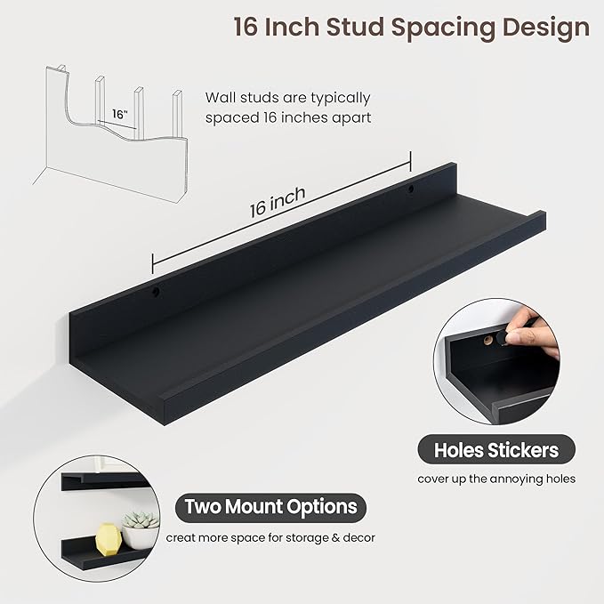 Axeman Picture Ledge Shelf | 24 Inch Black Floating Shelves Set of 3 | Rustic Wood Wall Shelves with Lip | 24