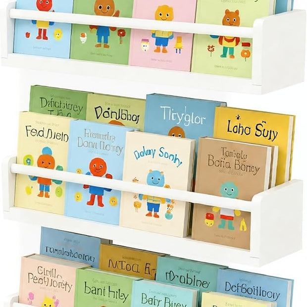 White Nursery Floating Shelves Set of 3– Wall Mounted Kids Bookshelf & Toy Organizer – 16 Inch Rustic Pine Hanging Display Book Shelves for Bedroom, Playroom, and Baby Decor