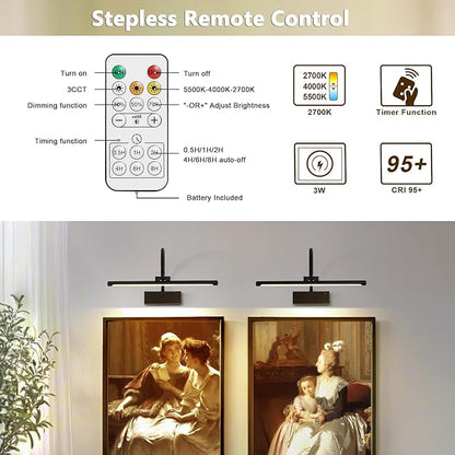 JOOSENLUX Wireless Picture Light - Battery Operated Black Wall Light with Remote Control - Dimmable Timer - 15.94” Display - Flexible Neck Swing Arm - Art Gallery Light