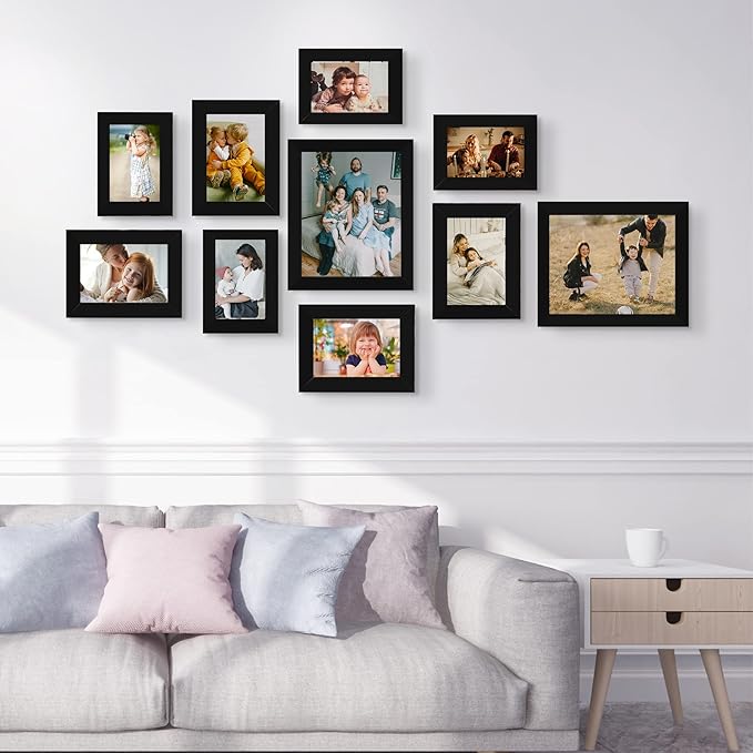 LUCKYLIFE Picture Frame Set 10-Pack, Gallery Wall Frame Collage with 8x10 5x7 4x6 Black Frames