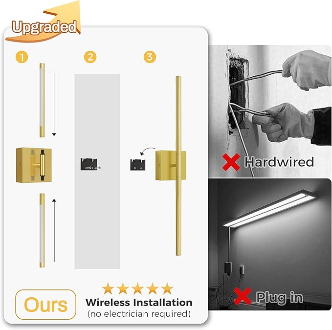 L LOHAS LED Battery Operated Wall Sconces Set of 2, Battery Wall Sconce 10000mAh, Gold Rechargeable Sconces 3CCT, 23.7 Inch Wireless Wall Lights, Sconce Wall Decor for Bedroom, Living Room