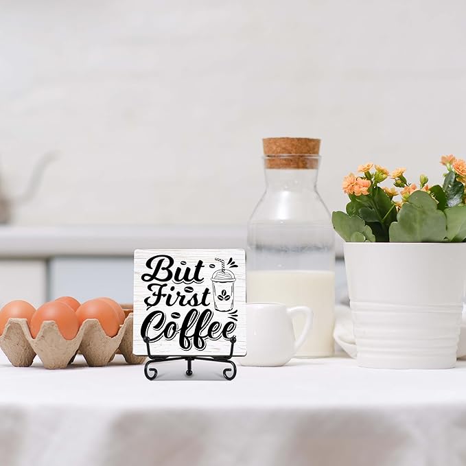 Coffee Bar Decor, Farmhouse Kitchen Table Decor, Coffee Station Accessories, Wooden Decorative Sign with Iron Stand for Table Desk Shelf Display-E23