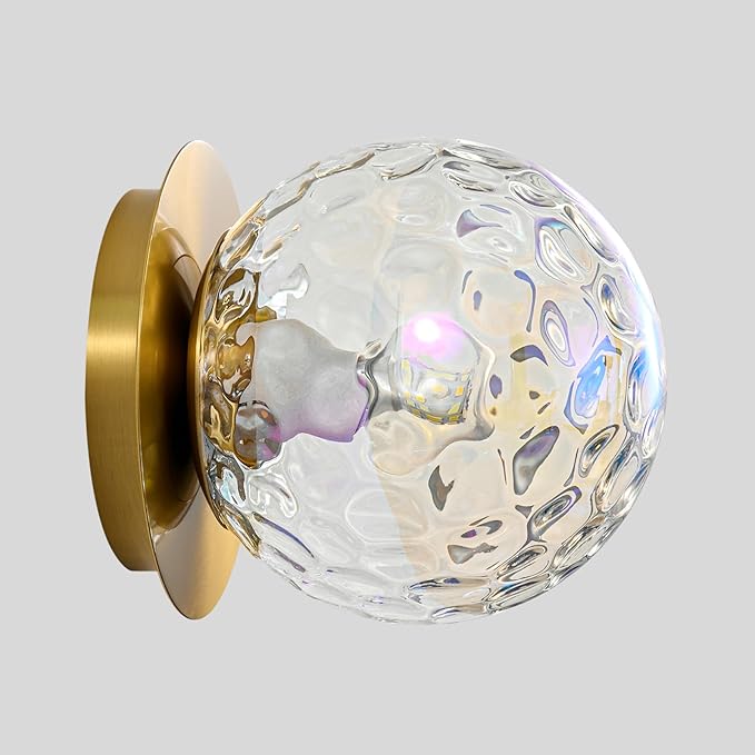 Modern Glass Globe Wall Sconce: Gold Spherical Sconces Light with Hammered Stained Glass Shade - Small Brass Vanity Single Ball Lights Fixture - Contemporary Wall Mounted Lamp for Bedroom Living Room
