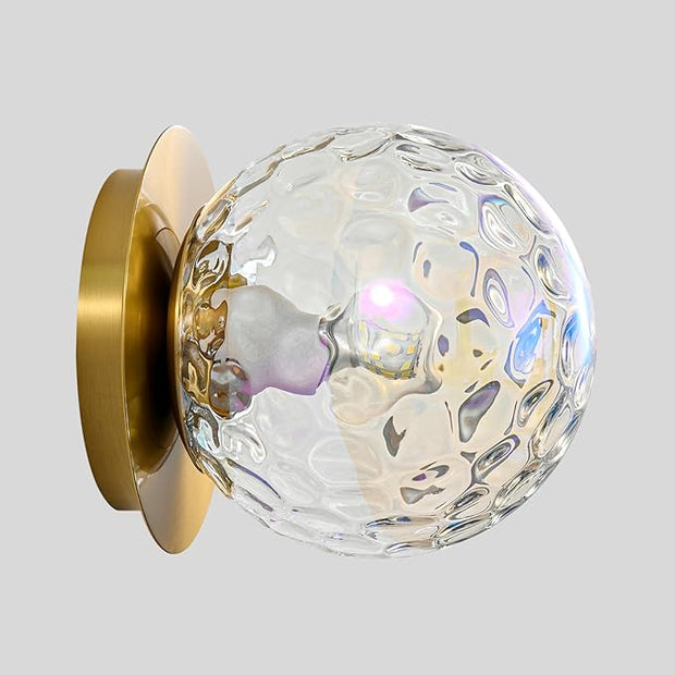 Modern Glass Globe Wall Sconce: Gold Spherical Sconces Light with Hammered Stained Glass Shade - Small Brass Vanity Single Ball Lights Fixture - Contemporary Wall Mounted Lamp for Bedroom Living Room