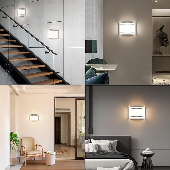 15W LED Indoor Wall Sconce, 3000K/4000K/5000K Color Temperature, Dimmable Modern Indoor Wall Mount Half Cylinder Light Fixture for Hallway Bedroom, Brushed Nickel, 2 Pack