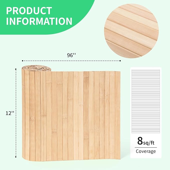 Natural Bamboo Wall Panel for Interior Wall Decor, Renewable Pole Wrap Wainscoting Paneling for Wall Ceiling Furniture Cabinet Office, 12 x 96 Inch, Carbonized