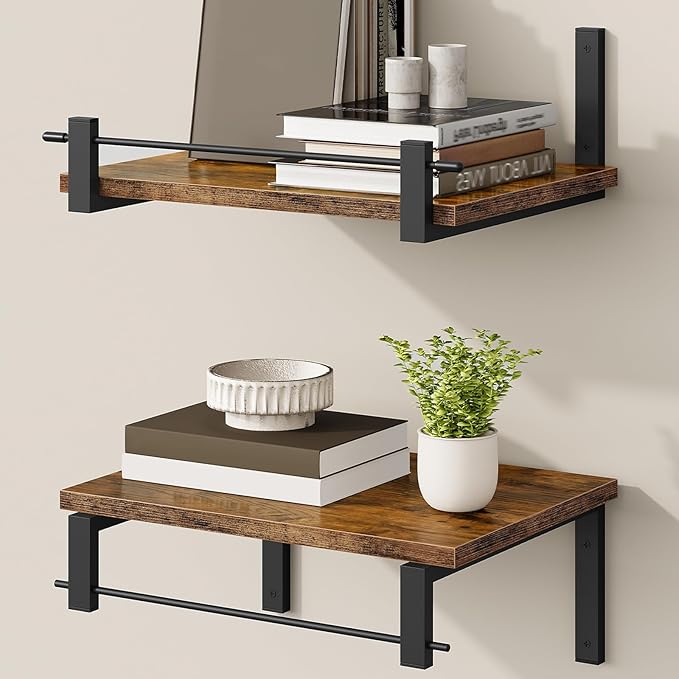 Deep Floating Shelves for Wall, 12 inch Wall Mounted Shelves Set of 2, Wide Floating Shelves for Living Room, Bedroom, Study, Bathroom, Rustic Brown and Black TBJ02P2BF