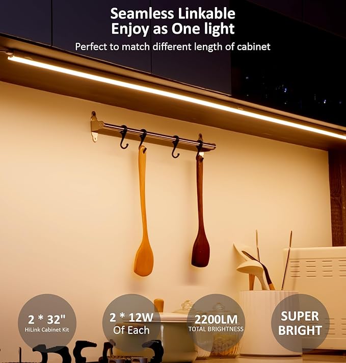 Under Cabinet Lighting Plug in, 32 Inch 2 Pcs, Linkable AC120V 3CCT 3000K/4000K/5000K Ultra Slim, LED Under Cabinet Lights for Counter Light, Kitchen, Shelf, Sink, Workshop, Desk, White
