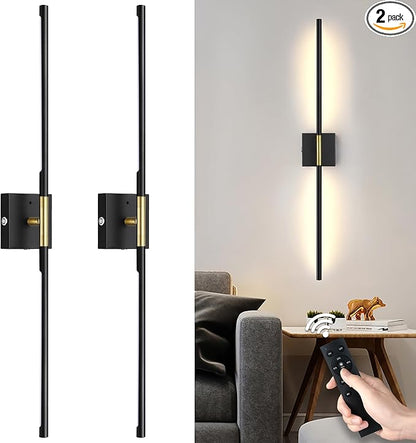 Battery Operated Wall Sconces Set of 2, Dimmable Battery Wall Sconce with Remote Control, Black Gold LED Rechargeable Sconces, 36 Inch Modern Wireless Wall Lights for Bedroom, Living Room