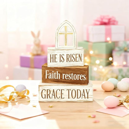 Easter Decorations - He Is Risen Cross Tiered Tray Decor - Faith Restores Grace Today Religious Wooden Tabletop Sign - Farmhouse Easter Christian Home Decor Indoor - Spring Home Decor for Living Room, Kitchen Counter, Seasonal Farmhouse Display