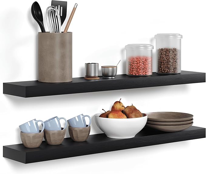 Homeforia Black Floating Shelves 36 inches Long, High End Solid Real Wood 36 inch Floating Shelf for Wall Mounted, Black Wooden 36in Floating Shelves, Heavy Duty Bracket, 36 X 6.5 X 1.75 in, Set of 4
