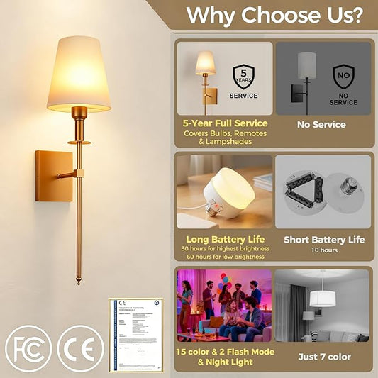 DORESshop Battery Operated Wall Sconce Set of 2, Gold Rechargeable Wall Lights Remote, Sconce Wall Decor Set of 2, 7 Colors Wireless Sconces for Bedroom Living Room Hallway