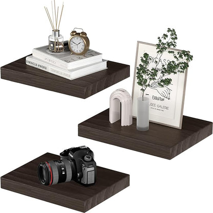 Small Floating Shelves for Wall - 12 x 9 Inch Rustic Brown Shelves for Bedroom, Living Room, Bathroom, Kitchen, Office Decor Set of 3