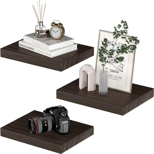 Small Floating Shelves for Wall - 12 x 9 Inch Rustic Brown Shelves for Bedroom, Living Room, Bathroom, Kitchen, Office Decor Set of 3