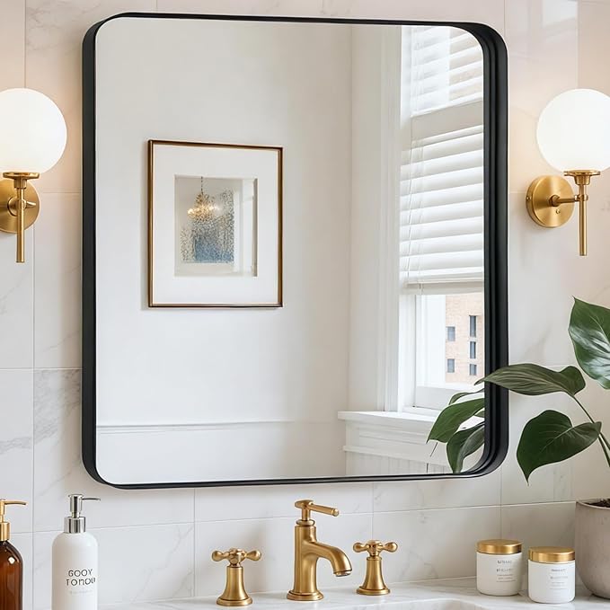 30x30 Inch Bathroom Mirrors for Over Sink - Black Metal Framed Square Mirror for Bathroom, Black Wall Mounted Vanity Mirrors for Restroom, Entryway, High-Definition