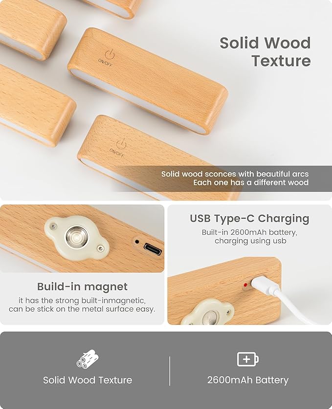 Wood LED Wall Sconce, Magnetic 360° Rotatable Wall Mounted Night Light & Reading Light, Small Rechargeable Battery Powered Bedside Wall Lamp for Bedroom, Living Room, Beech Wood