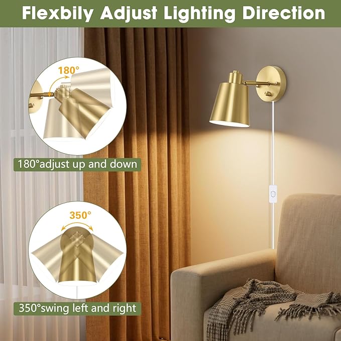 Dimmable Wall Sconces Plug in, Adjustable Angle Wall Lamps with Plug in Cord and Dimmer On/Off Knob Switch, Gold Wall Light with Metal Shade for Bedroom Bedside Doorway (2 Bulbs Included)