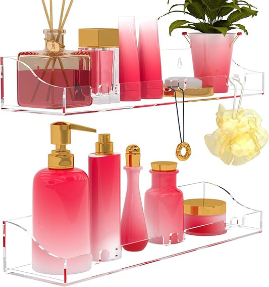 Acrylic Shelves Bathroom 2 Pack Clear Shower Floating Shelf with Hooks Transparent Wall Mounted No Drilling Thick Storage Display Shelving (2 Pcs Shelves)
