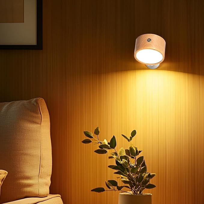 Rechargeable Wall Lights Battery Operated, Battery Wall Sconces Set of Two for Bedroom, Wood Lights of Sweden Wall Lamps, 360° Rotation Dimmable Brightness Wireless Wall Sconce with Touch Control