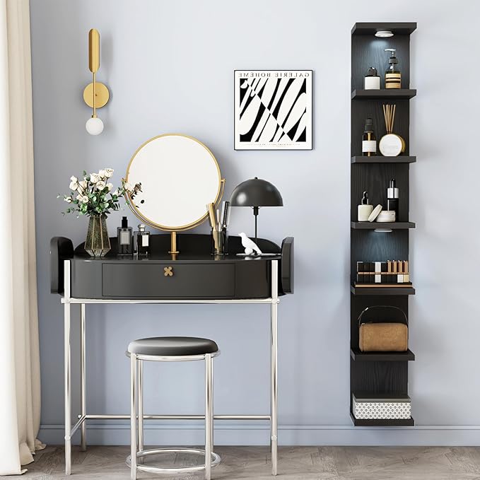 Fixwal 7 Tier Wall Mounted Shelf Unit Black Floating Shelves with LED Lights Lack Wall Shelf for Home Decor Organizer Display