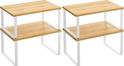 SONGMICS Cabinet Organizer Shelf, Set of 2 Kitchen Counter Shelves, Kitchen Storage, Spice Rack, Stackable, Expandable, Metal and Engineered Wood, Cloud White and Natural Beige UKCS02NW (Pack of 2)