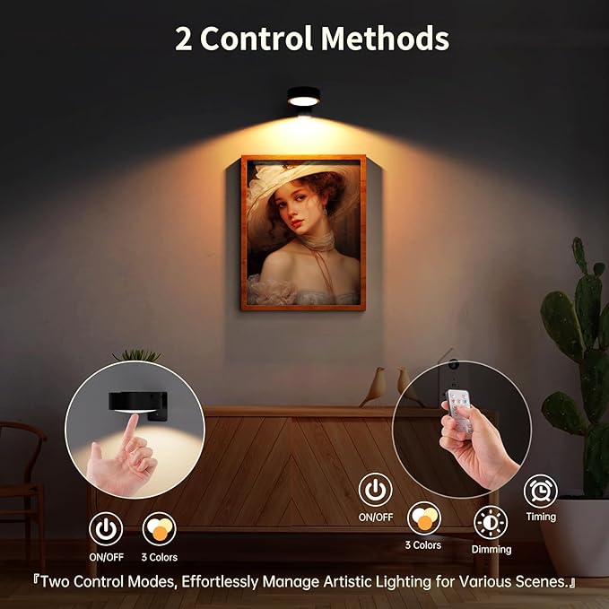 6 Pack Picture Lights for Wall, Rechargeable Battery Operated Wall Lights, Picture Frame Lights with 3 Lighting Modes, Wireless Magnetic Painting Light with Remote Control Timer, (Black)