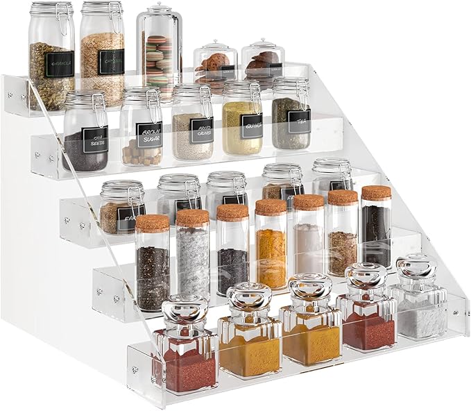 VAEHOLD Acrylic Spice Rack, 5 Tier Clear Organizer for Cabinet, Vertical Spice Rack Kitchen Organizer Shelf for Countertop (5 Tier 12‘’L)