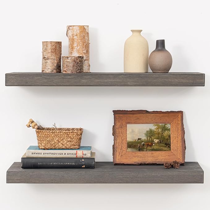 Marsmiles Wood Floating Shelves for Wall - 24 Inch Grey Wood Floating Shelves Set of 2-24 Inch Wide x 7.7 Inch Deep x 1.6 Inch Thick Rustic Wooden Shelves for Room Wall