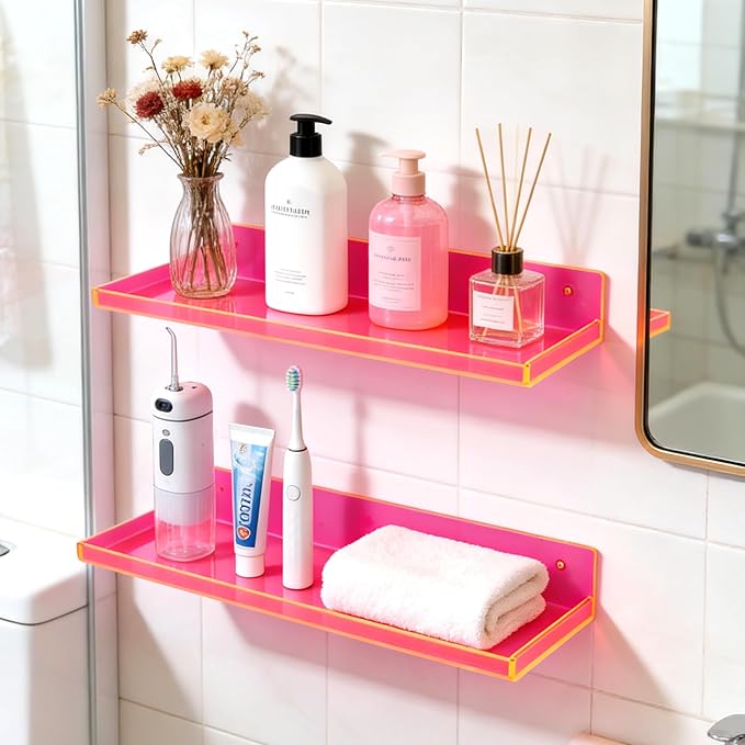 Floating Shelves for Wall Acrylic Wall Shelves for Bedroom Bathroom Living Room Kitchen 16.5X5.5'', Pack of 2, Neon Pink