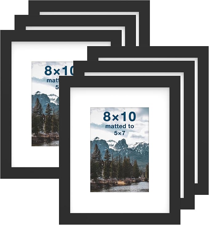 FrameWorks 8x10 mat to 5x7 Classic Wooden Picture Frames Tempered Glass/Black / 6-Pack