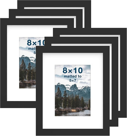 FrameWorks 8x10 mat to 5x7 Classic Wooden Picture Frames Tempered Glass/Black / 6-Pack