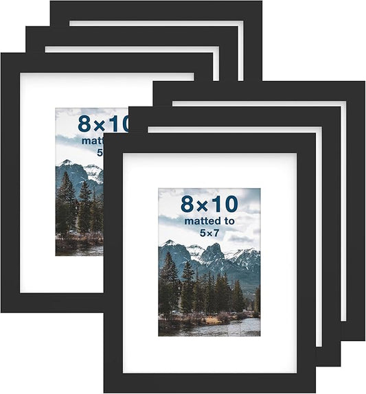 FrameWorks 8x10 mat to 5x7 Classic Wooden Picture Frames Tempered Glass/Black / 6-Pack
